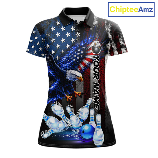 Custom blue eagle American flag bowling team jersey polo shirt for women featuring a patriotic eagle and American flag design, premium custom bowling team apparel.