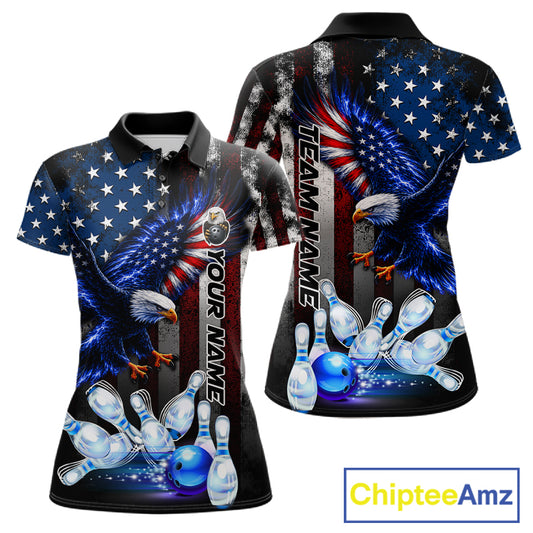 Custom blue eagle American flag bowling team jersey polo shirt for women featuring a patriotic eagle and American flag design, premium custom bowling team apparel.