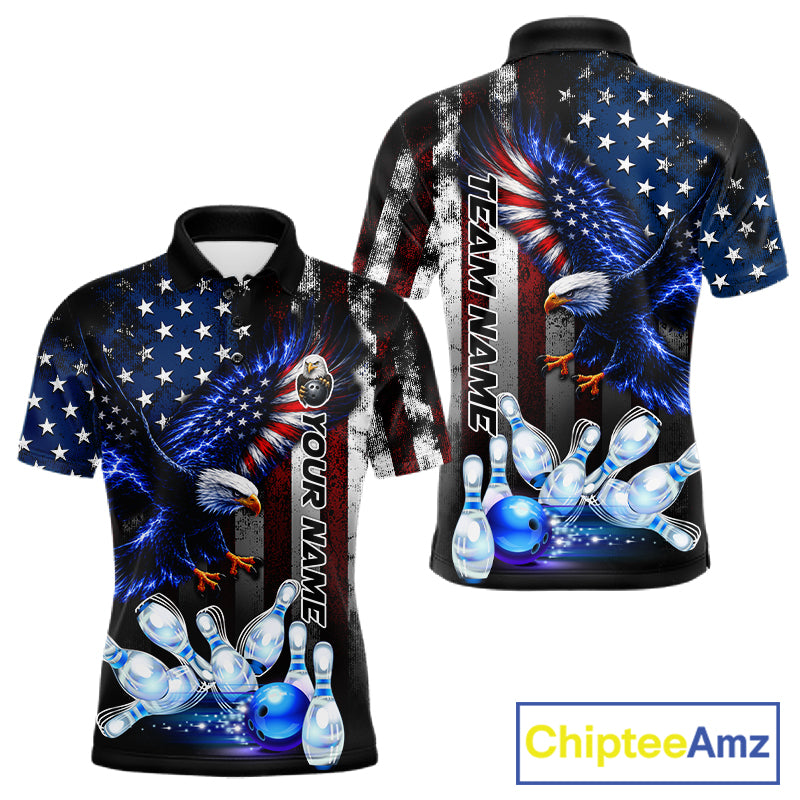 Custom blue eagle American flag bowling team jersey polo shirt for men featuring a patriotic eagle and American flag design, premium custom bowling team apparel.