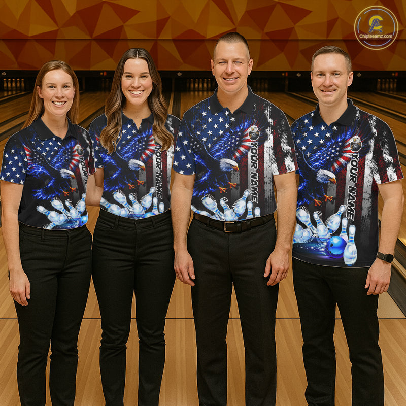 Bowling team wearing matching custom blue eagle American flag bowling team jerseys, front view.