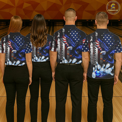 Bowling team wearing matching custom blue eagle American flag bowling team jerseys, back view.