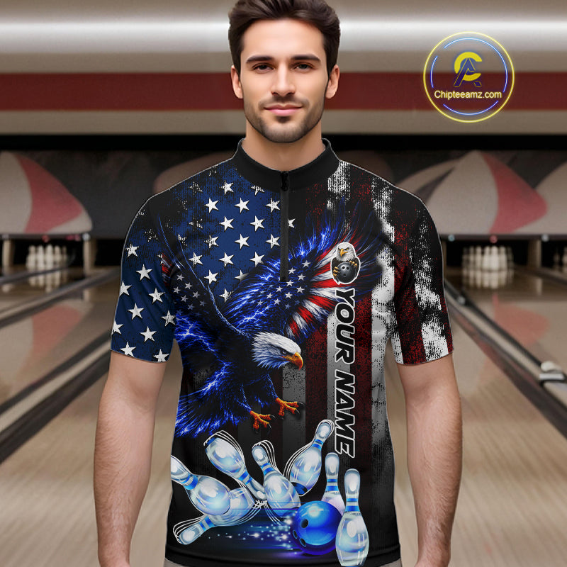 Man wearing custom blue eagle American flag bowling team jersey quarter zip shirt featuring eagle American flag artwork, front view.