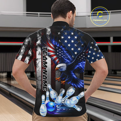 Man wearing custom blue eagle American flag bowling team jersey quarter zip shirt featuring eagle American flag artwork, back view.