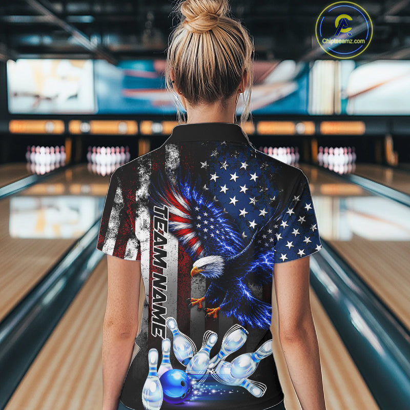 Woman wearing custom blue eagle American flag bowling team jersey polo shirt featuring eagle American flag artwork, back view.