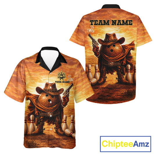 Personalized funny cowboy bowling ball Hawaiian shirt featuring a funny cowboy bowling ball design, premium custom bowling team shirt and unique gift for bowlers.