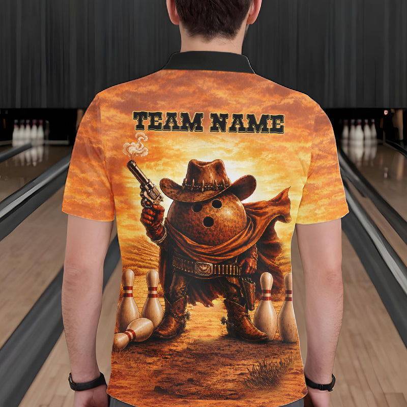 Man wearing personalized funny cowboy bowling ball bowling team jersey polo shirt featuring cowboy bowling ball artwork, back view.