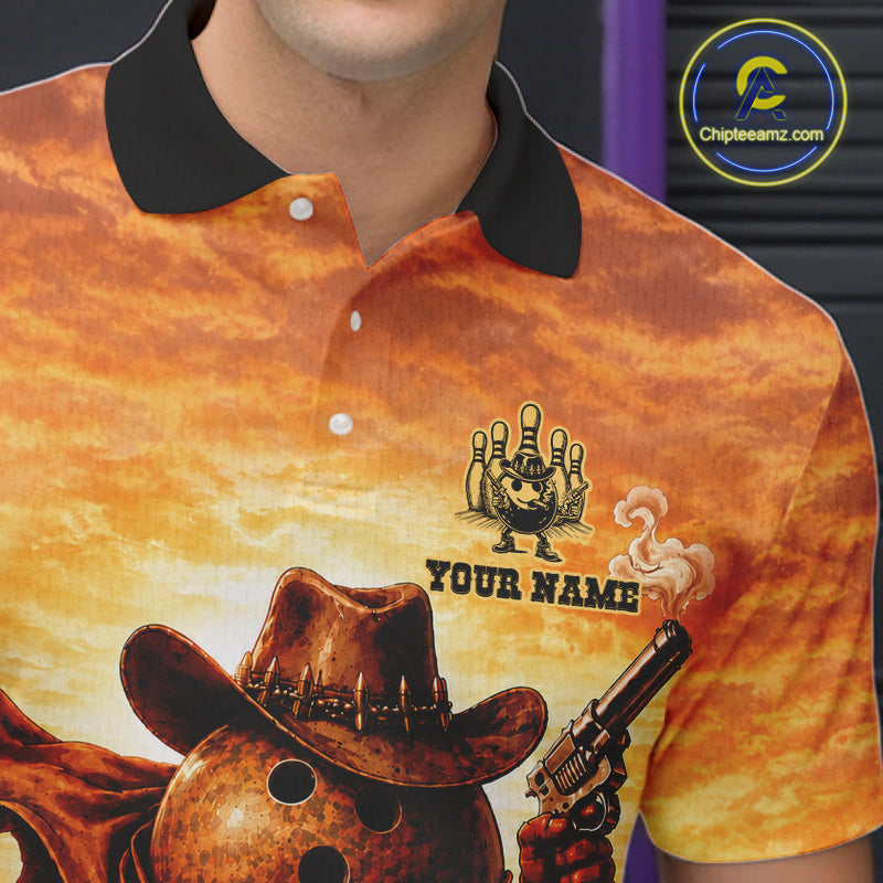 Close-up of personalized funny cowboy bowling ball bowling team jersey polo shirt featuring collar, buttons and cowboy bowling ball artwork.