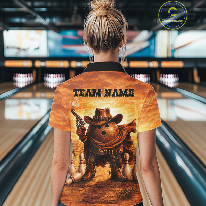 Woman wearing personalized funny cowboy bowling ball bowling team jersey polo shirt featuring cowboy bowling ball artwork, back view.