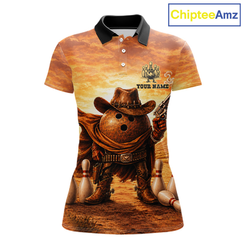 Personalized funny cowboy bowling ball bowling team jersey polo shirt for women featuring a funny cowboy bowling ball design, premium custom bowling team apparel and unique gift for bowlers.