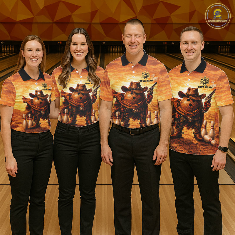Bowling team wearing matching personalized funny cowboy bowling ball bowling team jerseys, front view.