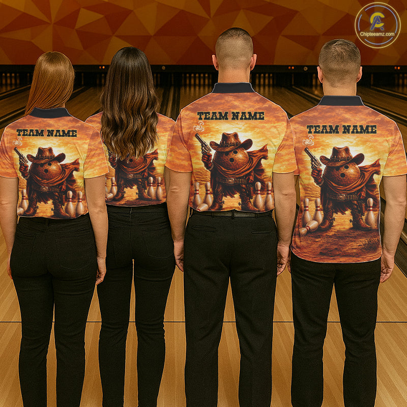 Bowling team wearing matching personalized funny cowboy bowling ball bowling team jerseys, back view.
