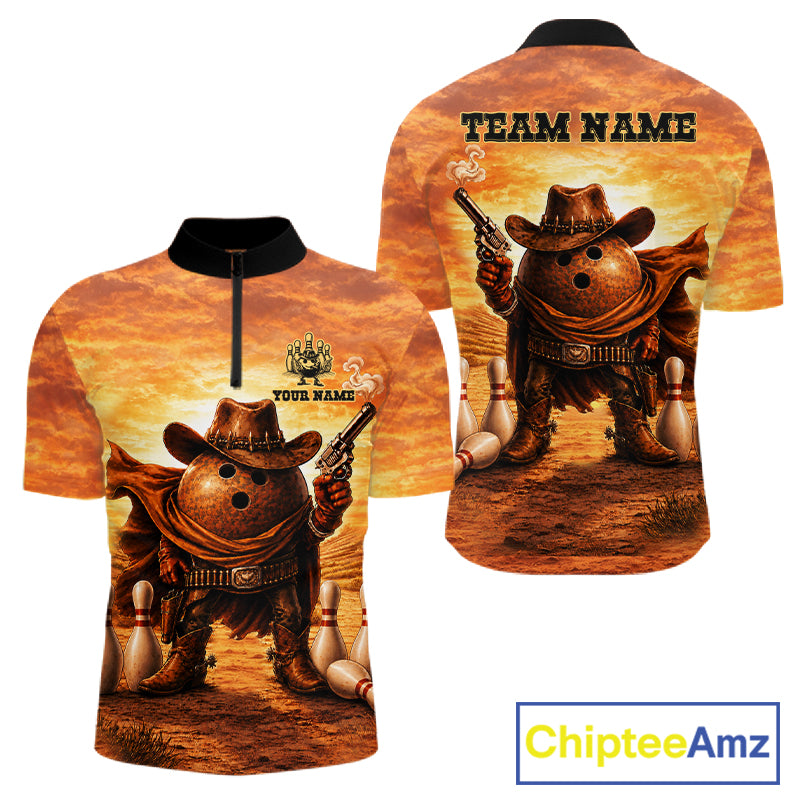 Personalized funny cowboy bowling ball bowling team jersey quarter zip shirt for men featuring cowboy bowling ball artwork, premium custom bowling apparel.