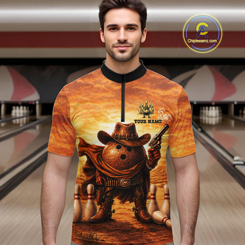 Man wearing personalized funny cowboy bowling ball bowling team jersey quarter zip shirt featuring cowboy bowling ball artwork, front view.
