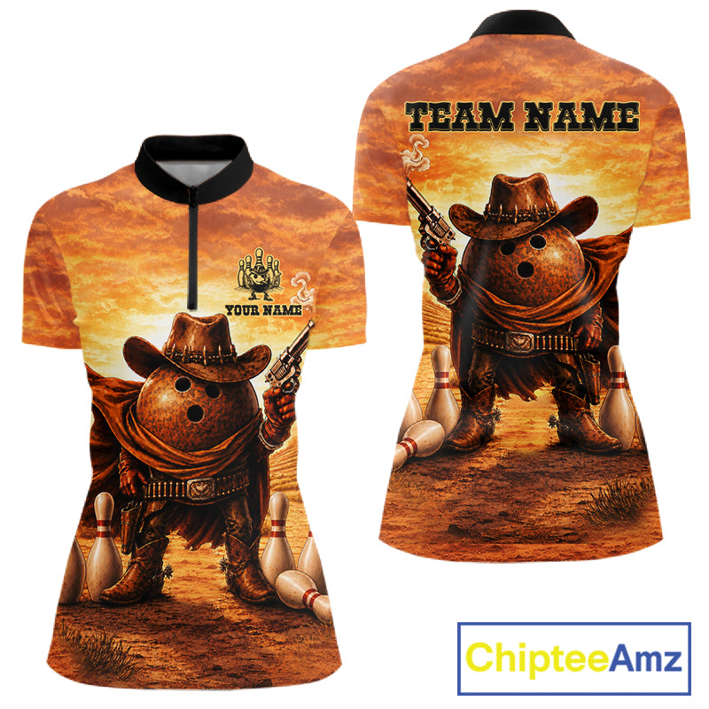 Personalized funny cowboy bowling ball bowling team jersey quarter zip shirt for women featuring cowboy bowling ball artwork, premium custom bowling apparel.