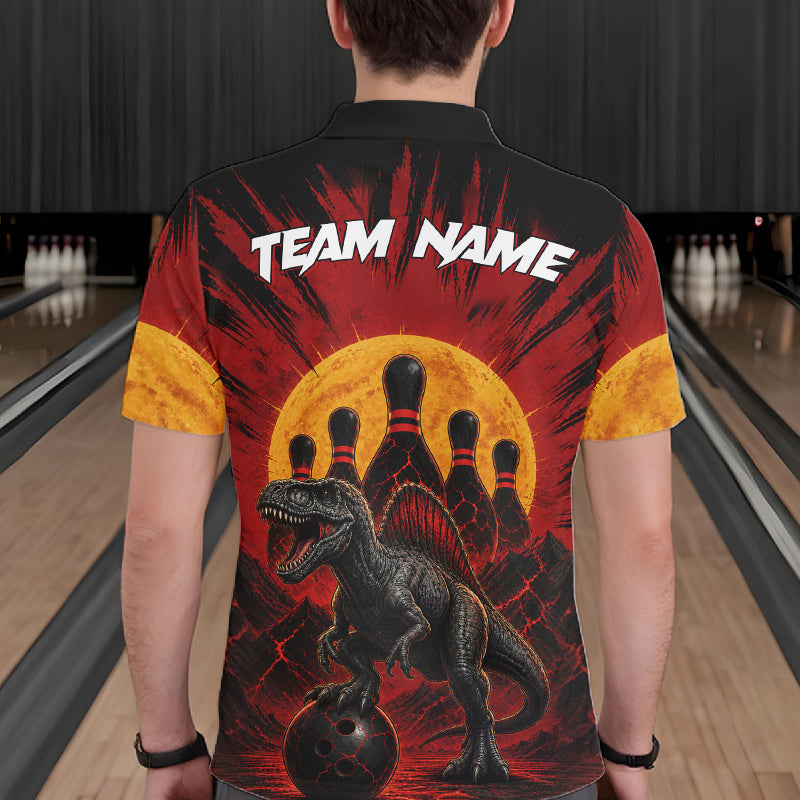 Man wearing personalized black and red dinosaur bowling team jersey polo shirt featuring dinosaur artwork, back view.