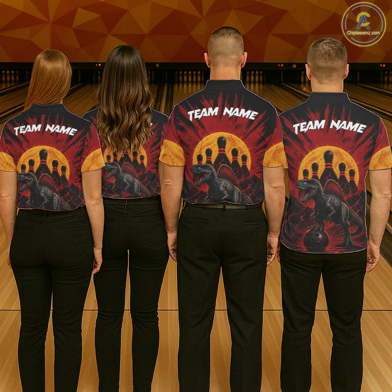 Bowling team wearing matching personalized black and red dinosaur bowling team jerseys, back view.