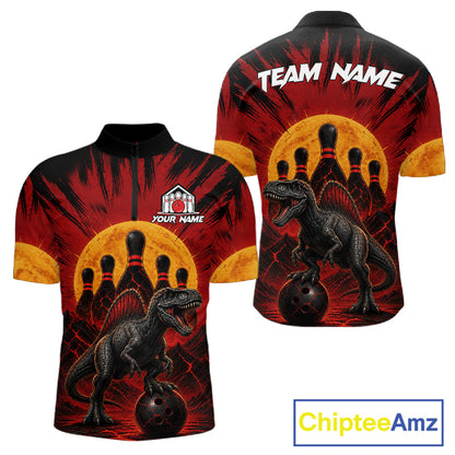 Personalized black and red dinosaur bowling team jersey quarter zip shirt for men featuring black and red dinosaur artwork, premium custom bowling apparel.