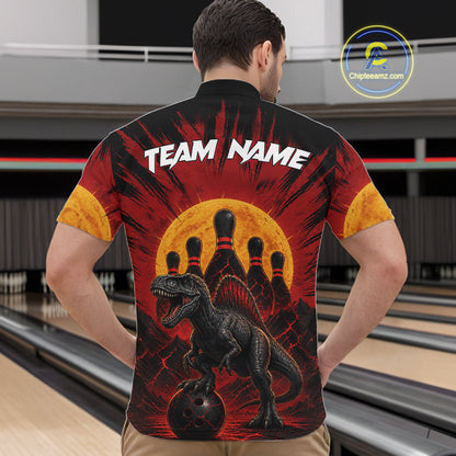 Man wearing personalized black and red dinosaur bowling team jersey quarter zip shirt featuring dinosaur artwork, back view.
