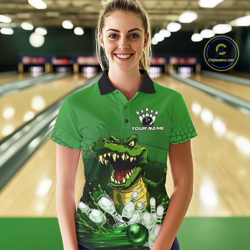 Woman wearing personalized green funny alligator bowling team jersey polo shirt featuring funny alligator artwork, front view.