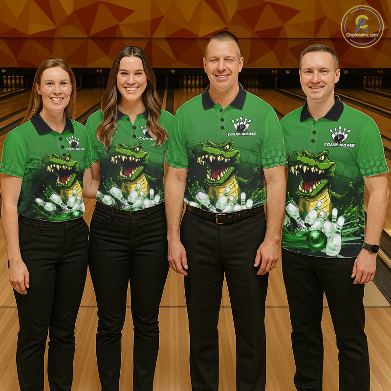Bowling team wearing matching personalized green funny alligator bowling team jerseys, front view.