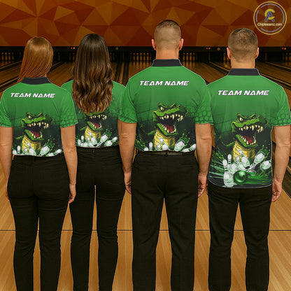 Bowling team wearing matching personalized green funny alligator bowling team jerseys, back view.