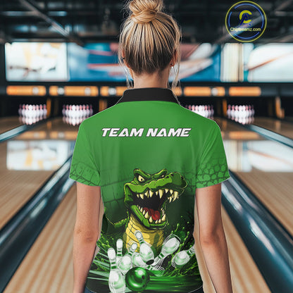 Woman wearing personalized green funny alligator bowling team jersey polo shirt featuring funny alligator artwork, back view.
