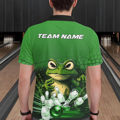 Man wearing personalized green funny frog bowling team jersey polo shirt featuring funny frog artwork, back view.