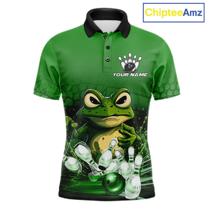 Personalized green funny frog bowling team jersey polo shirt for men featuring a funny frog bowling design, premium custom bowling team apparel and unique gift for bowlers.