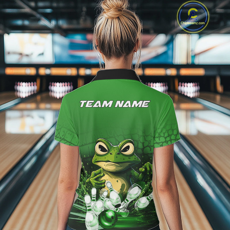 Woman wearing personalized green funny frog bowling team jersey polo shirt featuring funny frog artwork, back view.