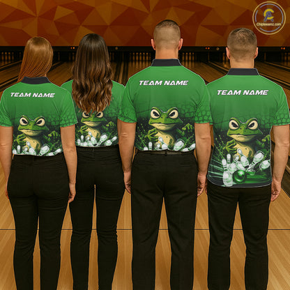 Bowling team wearing matching personalized green funny frog bowling team jerseys, back view.