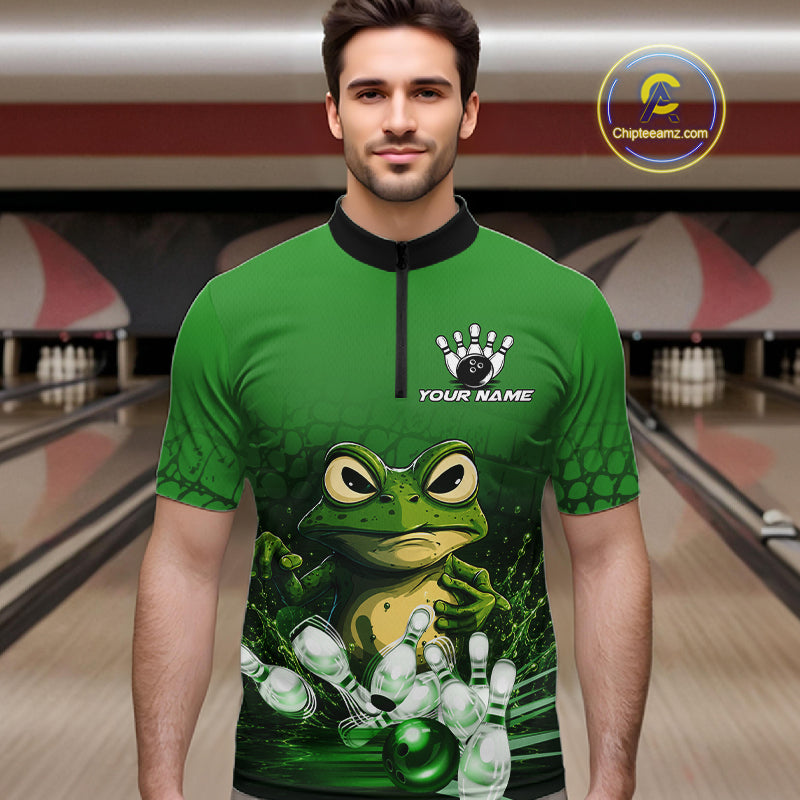 Man wearing personalized green funny frog bowling team jersey quarter zip shirt featuring funny frog artwork, front view.