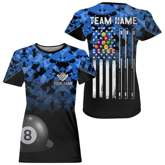8 Ball Pool Blue Camo Custom Billiard T-Shirts For Women, Patriotic US Flag Billiard Team Jersey TDM2313