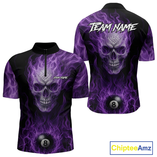 Purple Flaming Skull 8 Ball Fire Billiard Shirt For Men Custom Billiard Team Jersey Polo & 1/4 Zip TDM5062