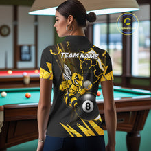 Load image into Gallery viewer, Back view of woman wearing a yellow black funny bee thunder lightning 8 ball billiard team jersey, custom pool tournament shirt.