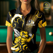 Load image into Gallery viewer, Woman wearing a yellow black funny bee 8 ball and 9 ball custom billiard jersey front view, personalized pool team shirt.