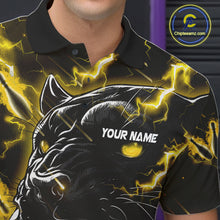 Load image into Gallery viewer, Close up of collar, chest and button details on a yellow flame panther men's bowling polo shirt.