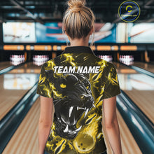 Load image into Gallery viewer, Back view of woman wearing a yellow flame panther bowling polo shirt, custom bowling team jersey design.