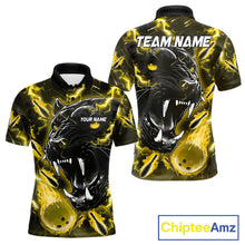 Load image into Gallery viewer, Yellow flame panther bowling team polo shirt for men with custom league and tournament graphics.
