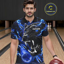 Load image into Gallery viewer, Man wearing a blue flame panther bowling polo shirt front view, custom bowling league jersey for men.