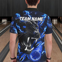 Load image into Gallery viewer, Back view of man wearing a blue flame panther bowling polo shirt, custom bowling team jersey design.