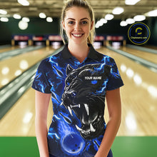 Load image into Gallery viewer, Woman wearing a blue flame panther bowling polo shirt front view, custom bowling league jersey for women.