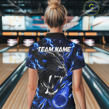 Load image into Gallery viewer, Back view of woman wearing a blue flame panther bowling polo shirt, custom bowling team jersey design.