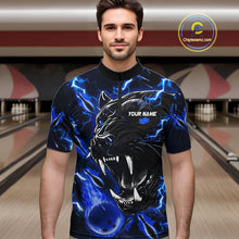 Load image into Gallery viewer, Man wearing a blue flame panther quarter zip bowling shirt front view, personalized bowling team apparel.