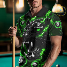 Load image into Gallery viewer, Woman wearing a green flaming panther 8 ball custom billiard jersey front view, personalized pool team shirt.
