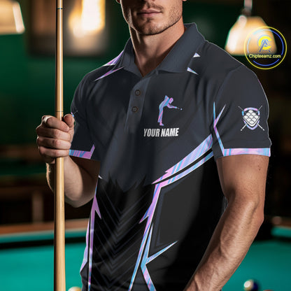 Man Wearing Holographic 8 Ball Pool Billiard Polo Shirt with Athletic Performance Fit and Vibrant Iridescent Graphic Design, Front View