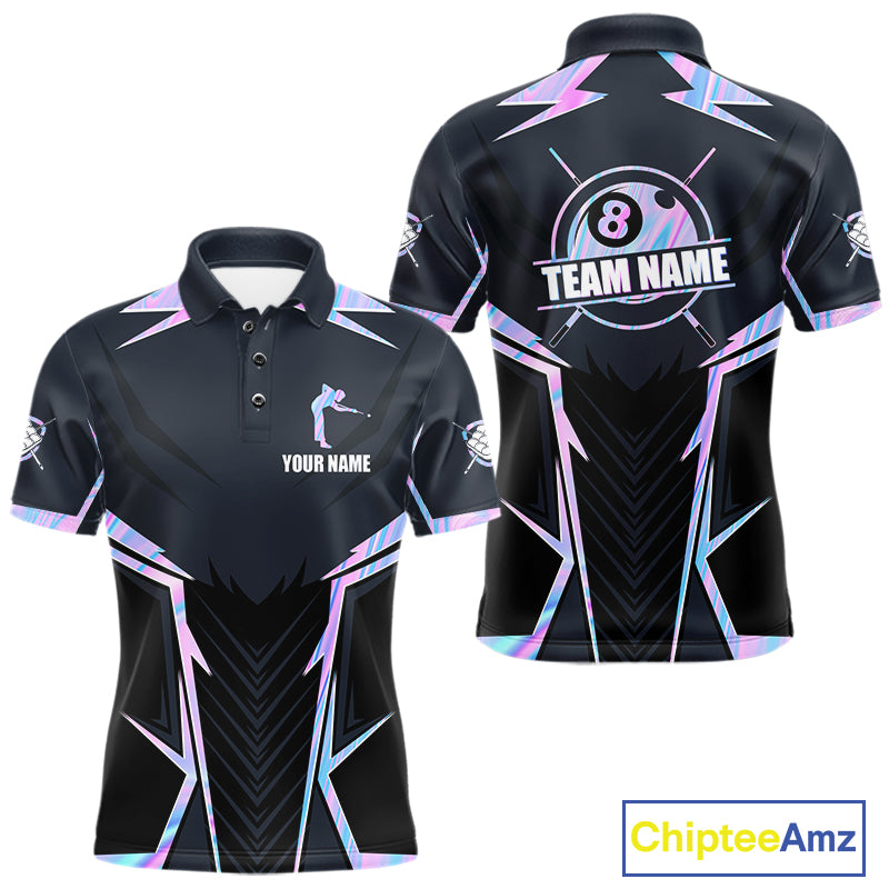 Holographic 8 Ball Pool Billiard Polo Shirt Featuring a Vibrant Iridescent Design for Custom Team Jerseys, League Competition, and Tournament Events