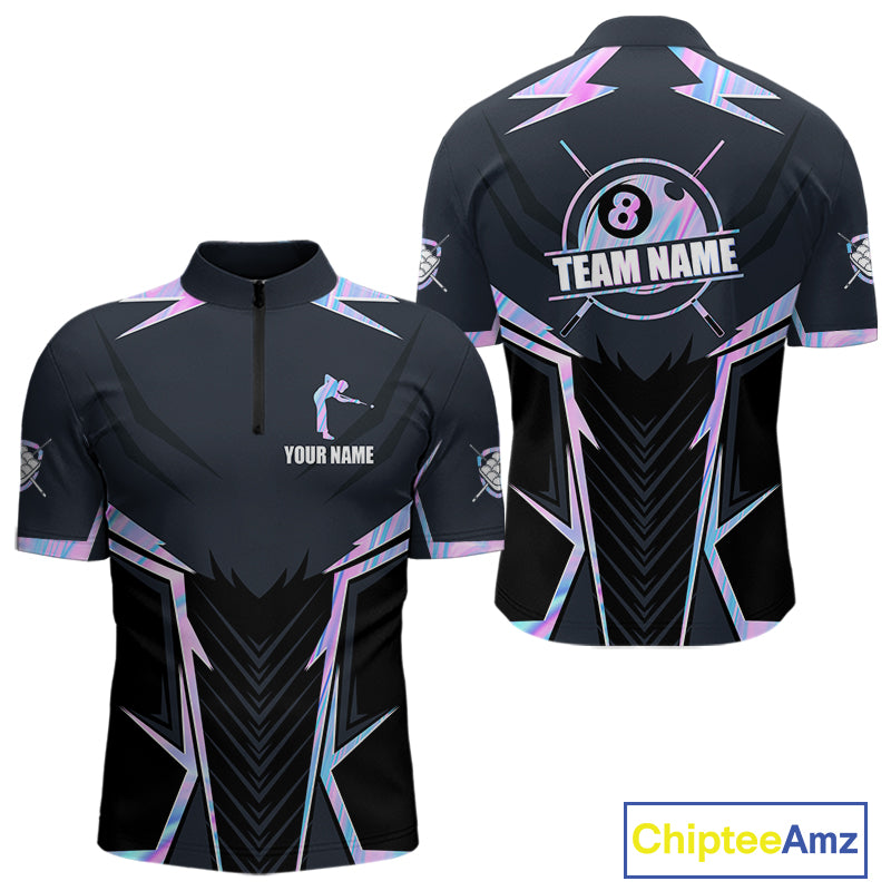 Holographic 8 Ball Pool Quarter Zip Billiard Shirt Created for Competitive Pool League Players with Premium Performance Fabric and Custom Team Design