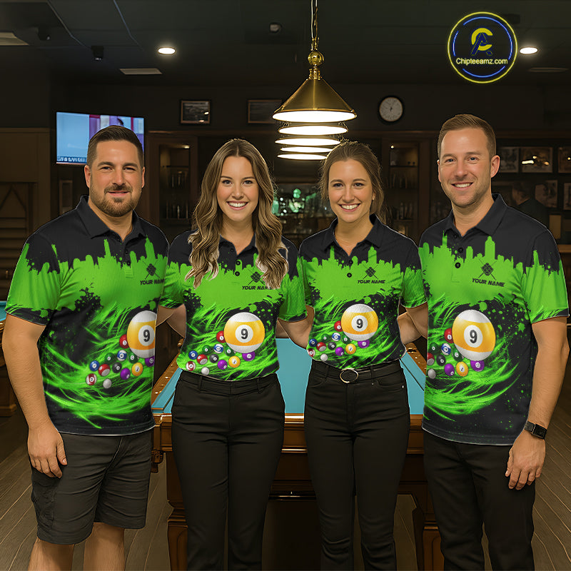 Pool Team Wearing Custom Black and Green 9 Ball Billiard Jerseys During League Competition and Tournament Matches, Front View