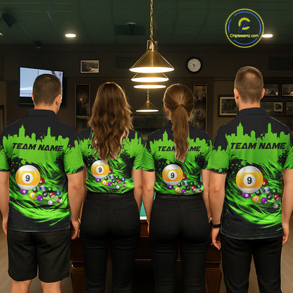 Pool Team Wearing Custom Black and Green 9 Ball Billiard Team Jerseys Featuring the Complete Back Artwork, Back View