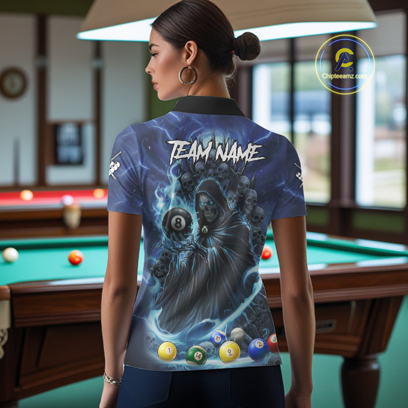 Blue Grim Reaper Lightning Billiard Shirt For Women Custom 8 Ball Pool Jersey Team Polo & 1/4 Zip TDM5292